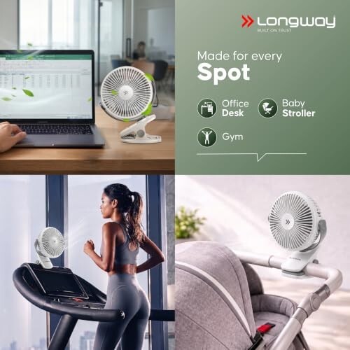 LONGWAY Clipzy Portable Rechargeable Clip Fan with 360° Rotation | 3 Speed Control | BLDC Motor | Type-C Charging | Silent Operation Table Fan for Home, Office & Travel | 1 Year Warranty (White)