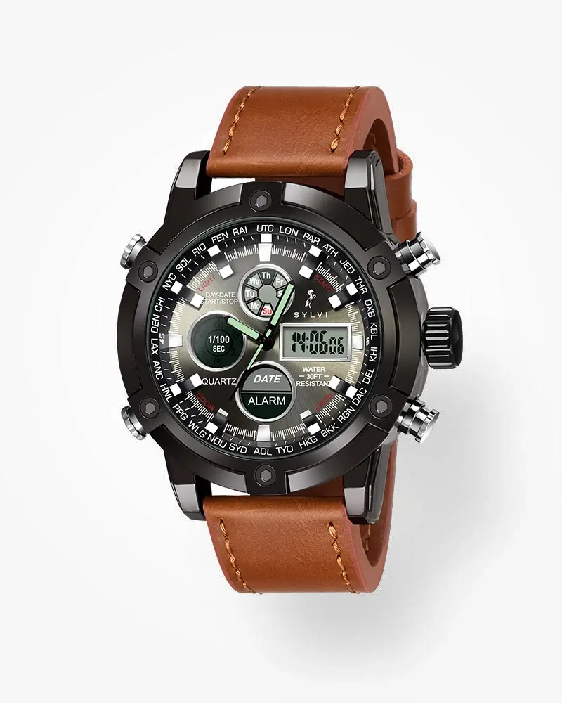 SYLVI Analog Digital Watch for Men with a Round Dial, Brown Strap, Alarm, Stopwatch & Water Resistance for Everyday Wear