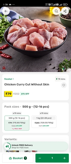 Bigbasket:fresho Chicken 500gm @79rs curry size cutting meat