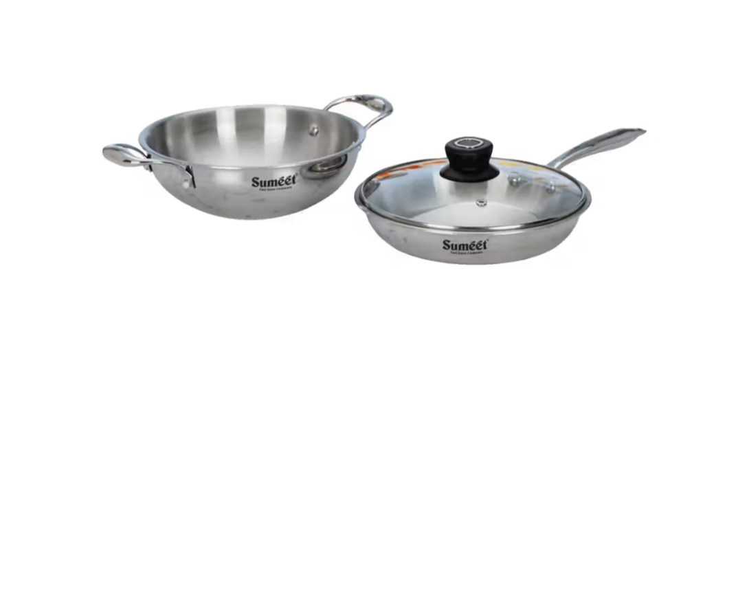 Instamart - Sumeet CookSmart TriPly Stainless Steel Cookware Set with Glass Lid (Deep Kadai 20cm - 1.7L, Frypan 20cm - 1L, Set of 3, Silver) 
