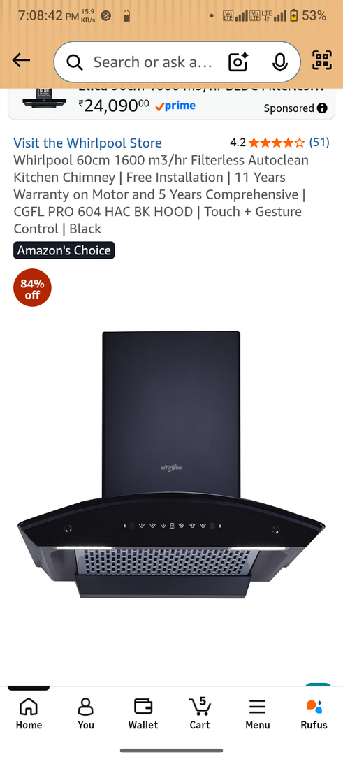 Whirlpool 60cm 1600 m3/hr Filterless Autoclean Kitchen Chimney | Free Installation | 11 Years Warranty on Motor and 5 Years Comprehensive | CGFL PRO 604 HAC BK HOOD | Touch + Gesture Control | Black