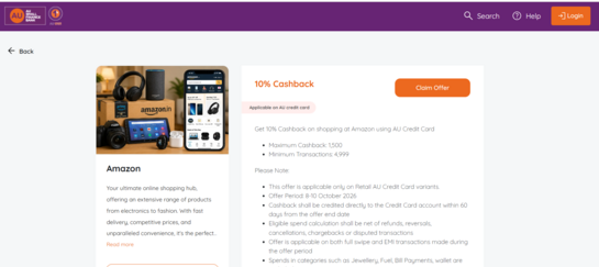Get 10% Cashback on shopping at Amazon using AU Credit Card