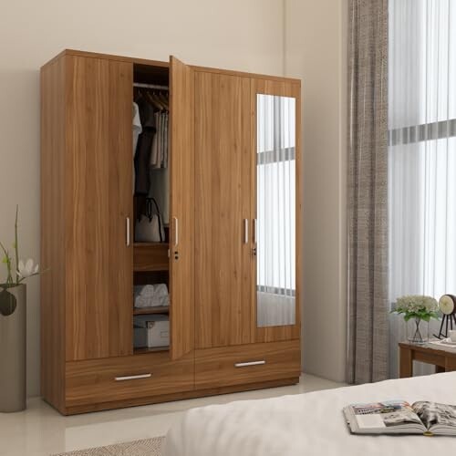Spacewood Linden Wardrobe | Almirah, Cupboard, Almari, 4 Door Wardrobe with Mirror, 3 Drawer (1 Lock Drawer) and 2 Hanging Space & 1 Internal Locker |Engineered Wood| Natural Teak