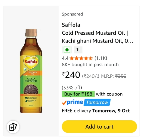 Safola mustard oil @Rs.176 per litre