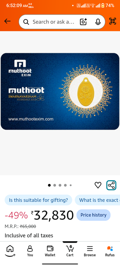 Muthoot PAPPACHAN Swarnavarsham 24K (999) Yellow Gold Oval Rose Pendant 2 Gram