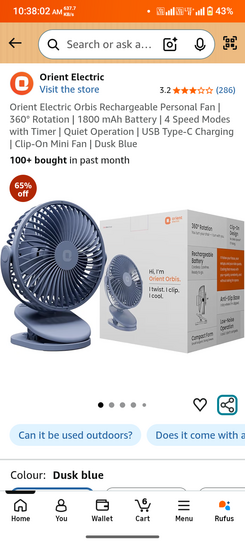 Orient Electric Orbis Rechargeable Personal Fan | 360° Rotation | 1800 mAh Battery | 4 Speed Modes with Timer | Quiet Operation | USB Type-C Charging | Clip-On Mini Fan | Dusk Blue