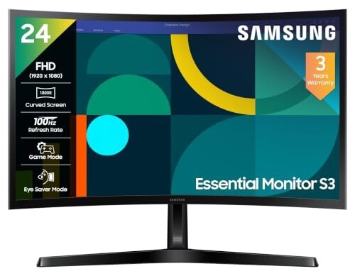 Samsung 24" Curved Monitor|1800R Curved Screen|100Hz|4ms|SRGB 95%|Ports-HDMI,D-Sub,Headphone|Game Mode|EyeSaver Mode|16.7M Color Support|Flicker Free|Off Timer Plus|LS24D368GAWXXL|Black