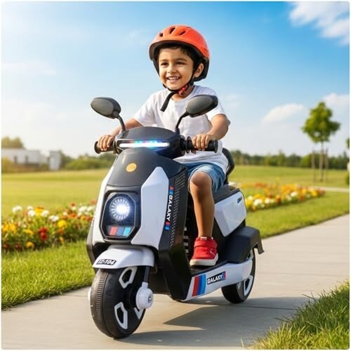 Toyzone Galaxy Kids Electric Scooter with Music & LED Lights | 6V Rechargeable Battery, Smooth Ride | Supports Up to 35 kg, Ages 3–8 (White)
