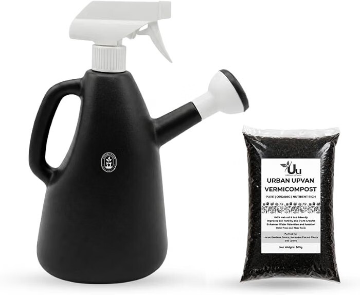 Urban Upvan Watering Can 1L (Multicolor) with 500g Vermicompost | Plastic Garden Water Can with Sprinkler Spout