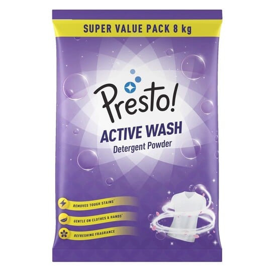Amazon Brand - Presto! Active Wash Detergent Powder | 8 Kg | Tough On Stains | Gentle On Fabrics | Colour-Safe | Refreshing Fragrance | Machine And Hand Wash