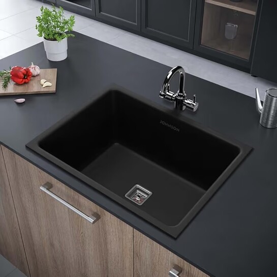 Johnson Qubix Black Quartz Kitchen Sink with Waste Coupling | 24"x 18"x 9.5" | 5 Years Warranty