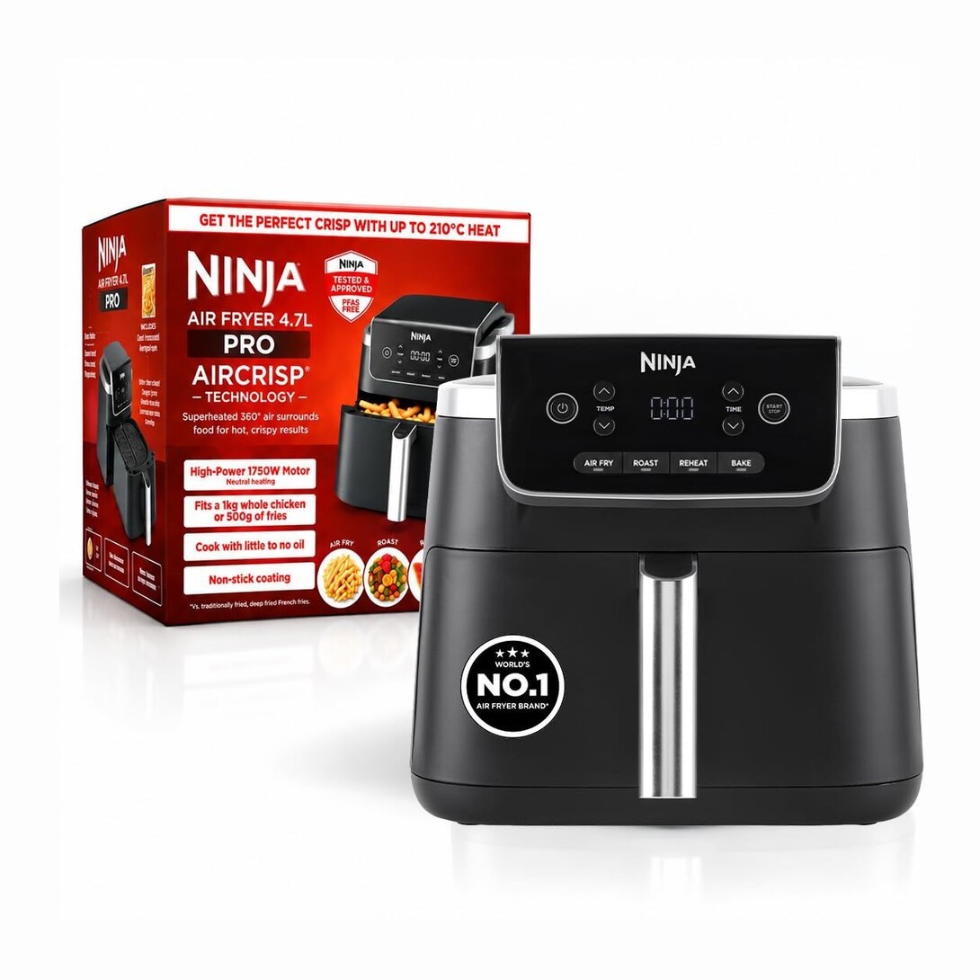 Ninja Air Fryer, 4.7L Capacity, 1750W High-Power Motor, AirCrisp Technology, 4 Cooking Functions – Air Fry, Roast, Bake & Reheat, Non-Stick Drawer & Crisper Plate, AF140IN Black