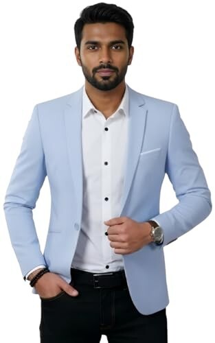 Men's Light Blue Slim Fit Blazer, Single Button Notch Lapel Formal Blazer