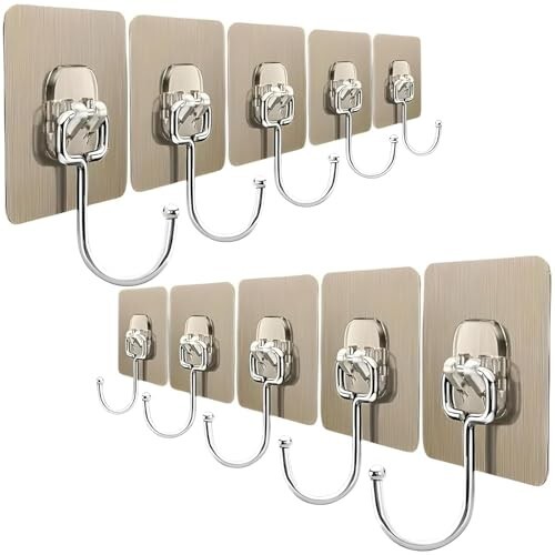 Heavy Duty Self Adhesive Wall Hooks | Waterproof PVC Sticky Hooks Stainless Steel Big Hooks for Home Storage Bathroom Kitchen | Silver Multipurpose 10KG Capacity (Golden Hook 10-pcs)
