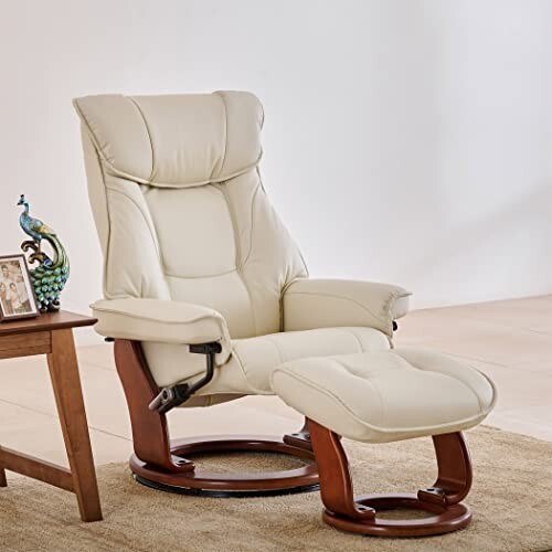 Home Centre | Silas Vanilla Faux Leather 1-Seater Revolving Recliner with Footstool | Recliner Sofa for Living Room | Solid Wood | White | 2 Year Warranty