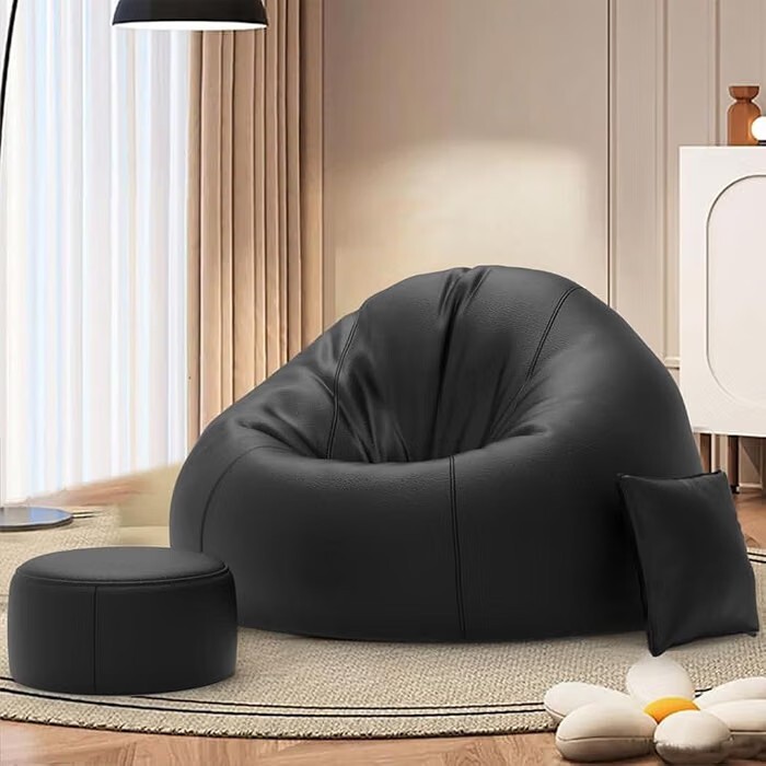 Biggie Bean Bag Chair 4XL Filled with Beans | Puffluxe Sofa Combo with Free Footrest & Cushion (Black)