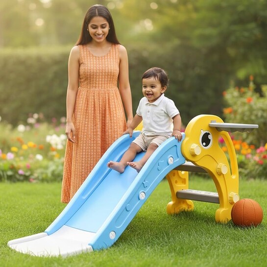 Top Brand Dolphin Slide for Kids 1+ Years with Basketball Hoop | Toddler Slide for Indoor Outdoor Play