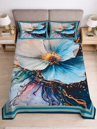 Buy Myntra Elegant Homes Blue Floral Digital Print King Flat Bedsheet With 2 Pillow Covers - Bedsheets for Unisex 42650691 | Myntra
