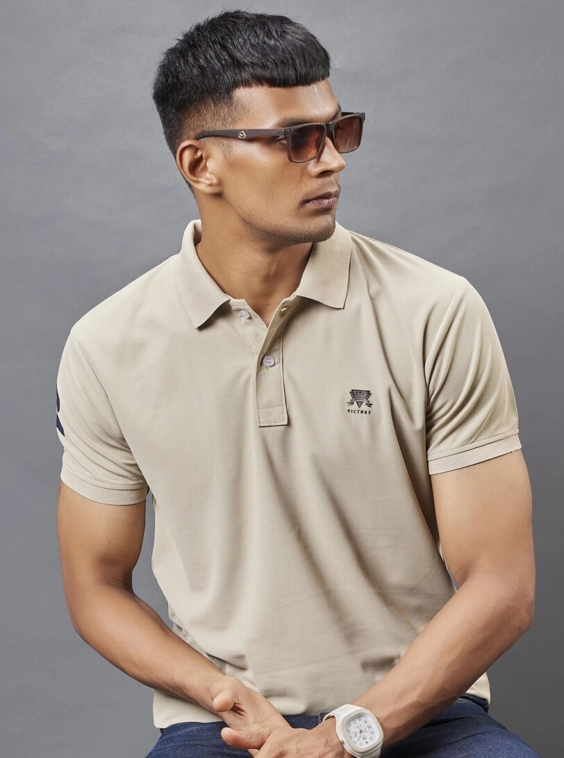 3BROS Men Solid Polo Neck Polyester Beige T-Shirt