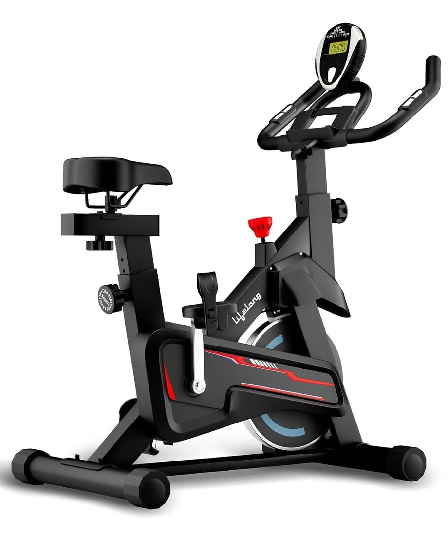 Lifelong Fit Pro Spin Fitness Bike for Home Cardio Workout with 7 KG Flywheel, Adjustable Resistance, LED Display, Cushioned Seat, Non-Slip Pedals, Max User Weight 120 KG, Black & Red