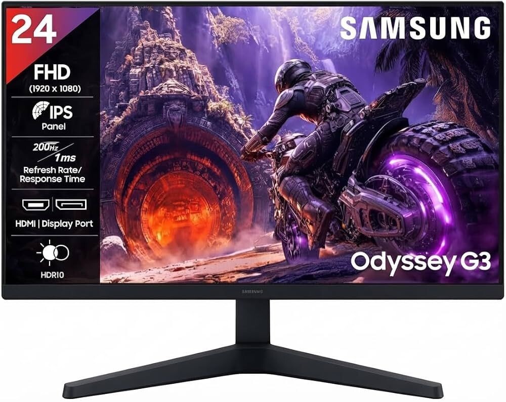Samsung 24" (60.4cm) Odyssey G3 IPS Gaming Monitor| FHD 1920 X 1080 | IPS Panel | 200Hz | 1ms | HDR10|FreeSync Premium|Ports-DP,HDMI,Headphone|16.7 Million Colors|Tilt Adjustable|LS24HG300EWXXL|Black
