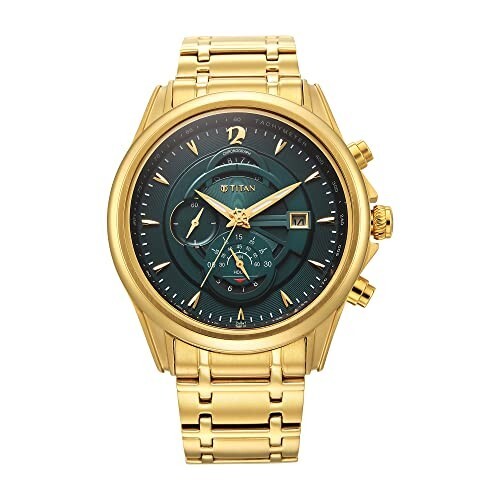 Titan Regalia Premium Quartz Chronograph with Date Forest Green Dial Gold Stainless Steel Strap Watch for Men - NT1830YM02
