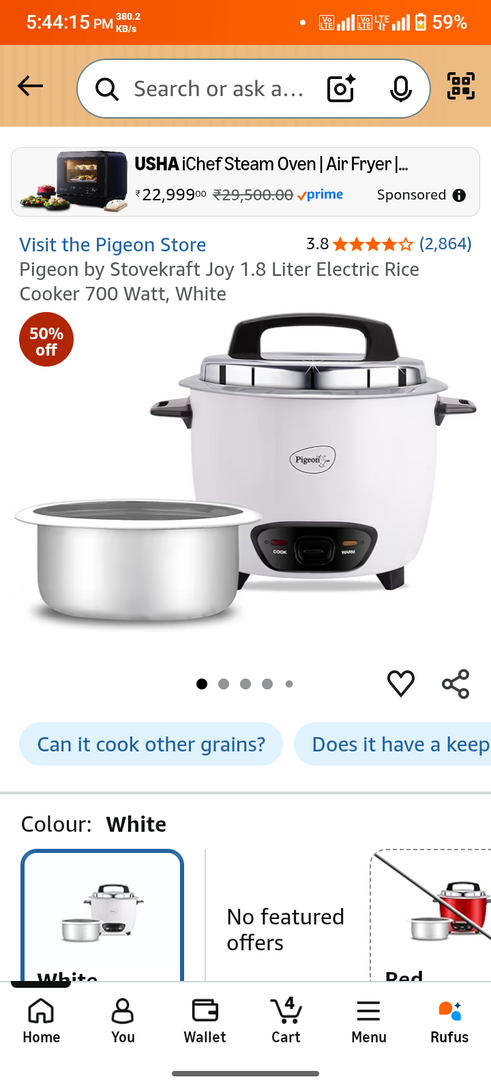 Pigeon by Stovekraft Joy 1.8 Liter Electric Rice Cooker 700 Watt, White