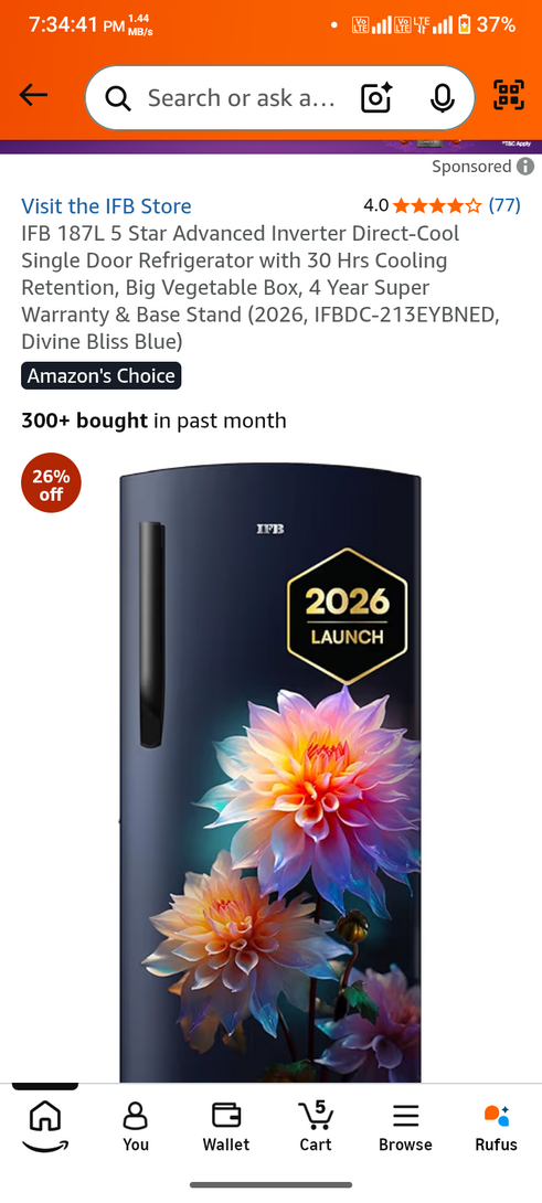 FB 187L 5 Star Advanced Inverter Direct-Cool Single Door Refrigerator with 30 Hrs Cooling Retention, Big Vegetable Box, 4 Year Super Warranty & Base Stand (2026, IFBDC-213EYBNED, Divine Bliss Blue)