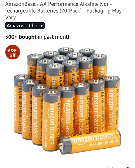 AmazonBasics AA Performance Alkaline Non-rechargeable Batteries (20-Pack)
