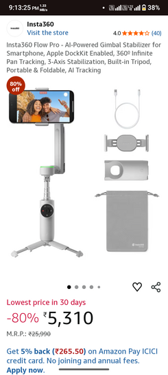 Insta360 Flow Pro - AI-Powered Gimbal Stabilizer for Smartphone, Apple DockKit Enabled, 360º Infinite Pan Tracking, 3-Axis Stabilization, Built-in Tripod, Portable & Foldable, AI Tracking