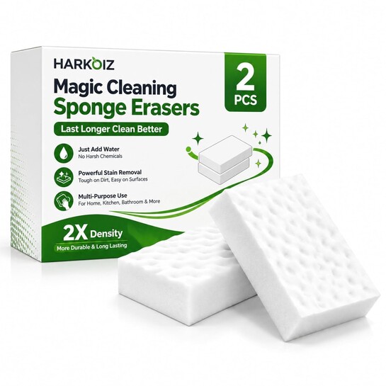 Magic Sponge Cleaning Eraser Pack of 2 | Melamine Foam Cleaning Sponge | Removes Tough Stains, Grease, Wall Marks | Multi Purpose Kitchen, Bathroom & Shoe Cleaner | No Chemical Just Water