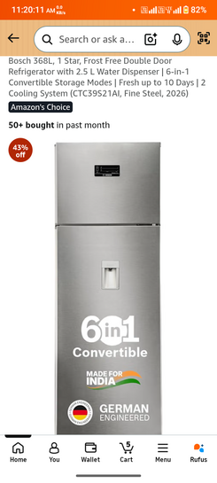 Bosch 368L, 1 Star, Frost Free Double Door Refrigerator with 2.5 L Water Dispenser | 6-in-1 Convertible Storage Modes | Fresh up to 10 Days | 2 Cooling System (CTC39S21AI, Fine Steel, 2026)
