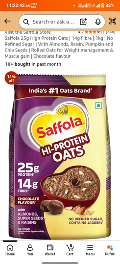 Saffola 25g High Protein Oats | 14g Fibre | 1kg | No Refined Sugar | With Almonds, Raisin, Pumpkin and Chia Seeds | Rolled Oats for Weight management & Muscle gain | Chocolate flavour