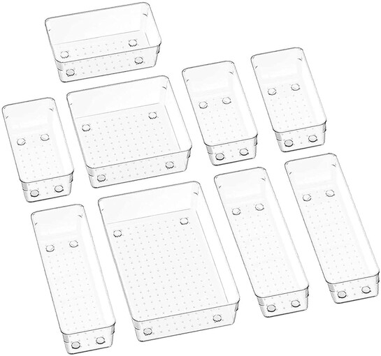 Arto Clear Transparent Acrylic Drawer Organizer Set with Various Size for Bathroom,Bedroom Dresser,Cosmetics Makeup,Kitchen Utensil,Office,Stationery,Drawer Tray Dividers,Vanity Trays (Pack of 9)