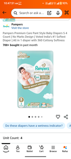 Pampers Premium Care Pant Style Baby Diapers S 4 Count | No Marks Design | Voted India’s #1 Softest Diaper | All in 1 diaper with 360 Cottony Softness