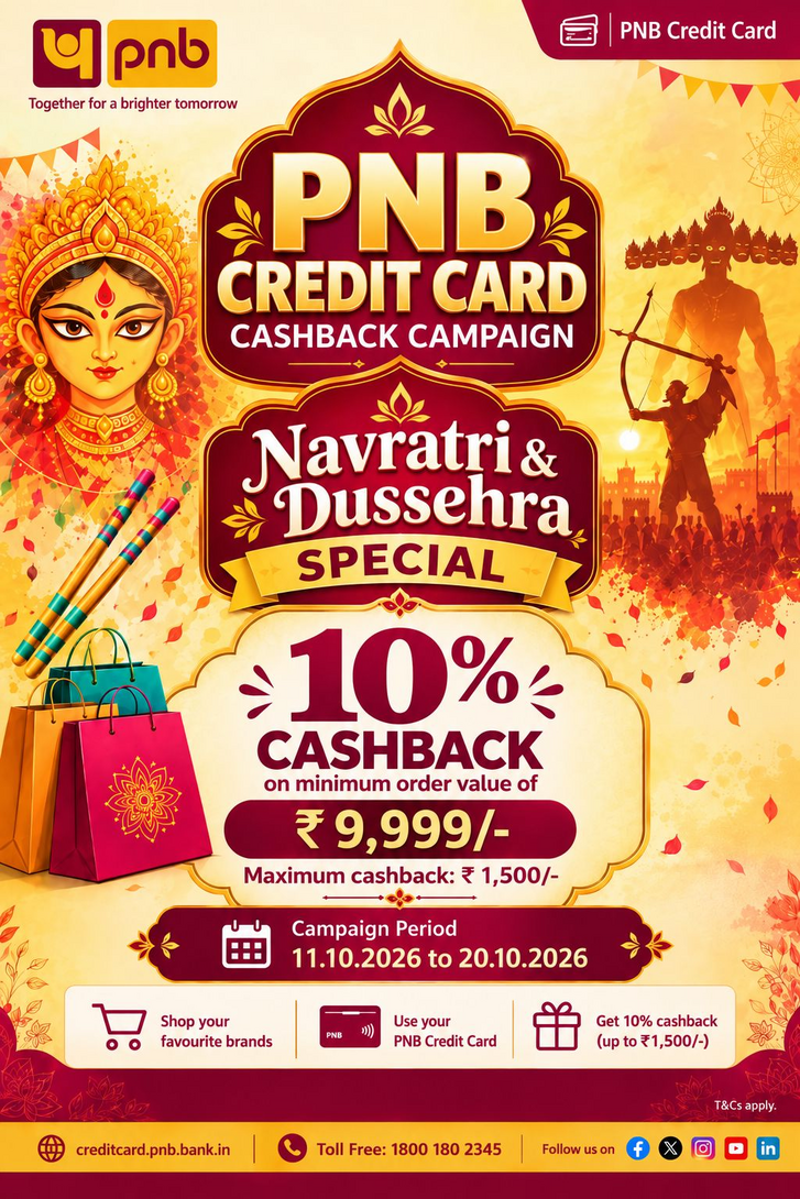 Get 10% Cashback* on purchases of ₹9,999 or more- PNB credit cards