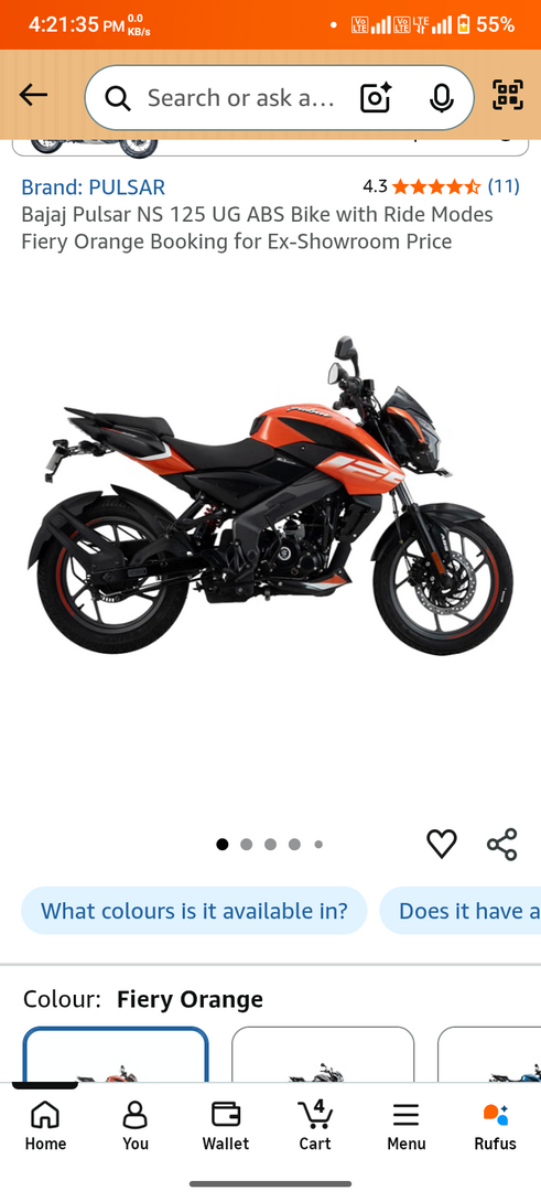 Bajaj Pulsar NS 125 UG ABS Bike with Ride Modes Fiery Orange Booking for Ex-Showroom Price