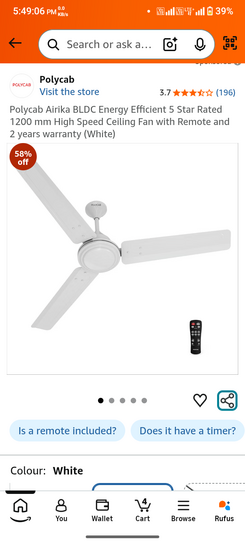 Polycab Airika BLDC Energy Efficient 5 Star Rated 1200 mm High Speed Ceiling Fan with Remote and 2 years warranty (White)