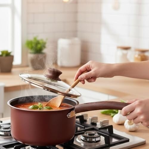 The Better Home 2.5mm Triply Saucepan (1.4L-16cm) with Glass Lid | Gas & Induction Kadhai for Deep Frying (Red Saucepan)