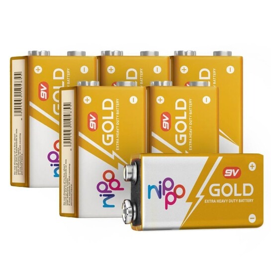 Nippo Gold 9V Zinc Carbon Battery (Pack of 6), Heavy Duty Battery for ...