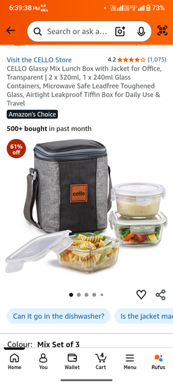 CELLO Glassy Mix Lunch Box with Jacket for Office, Transparent | 2 x 320ml, 1 x 240ml Glass Containers, Microwave Safe Leadfree Toughened Glass, Airtight Leakproof Tiffin Box for Daily Use & Travel