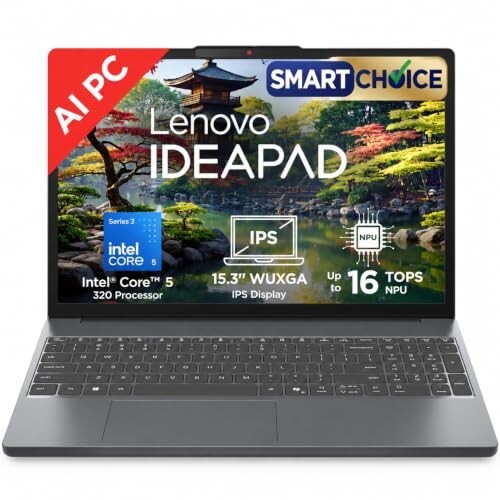 Lenovo IdeaPad Slim 3 Smartchoice (2026) Intel Core 5 320 AI PC (16GB RAM/512GB SSD/15.3" (38.35cm)/WUXGA IPS/Windows 11/MSO 365 Basic+Office 2024/Backlit Keyboard/Grey/1.6Kg), 83RR00MRIN