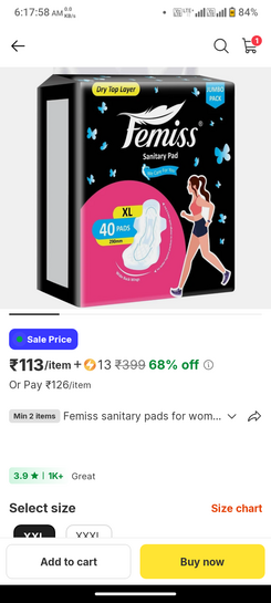 Femiss sanitary pads for women and girls trifold pad (xl-size, 290 mm) (40 pads each) sanitary pad