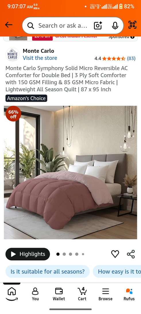 Monte Carlo Symphony Solid Micro Reversible AC Comforter for Double Bed