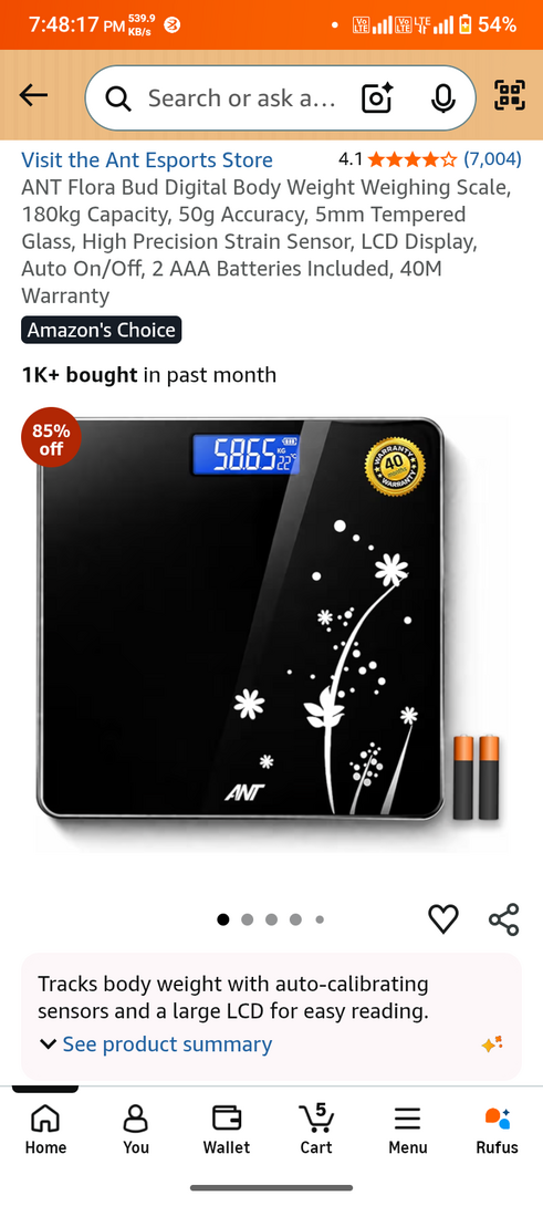 ANT Flora Bud Digital Body Weight Weighing Scale, 180kg Capacity, 50g Accuracy, 5mm Tempered Glass, High Precision Strain Sensor, LCD Display, Auto On/Off, 2 AAA Batteries Included, 40M Warranty