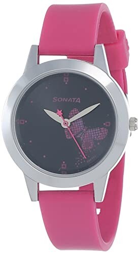 Sonata Quartz Analog Black Dial Pink Plastic Strap Watch for Women - NS87019SP01W