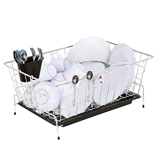 SIMPARTE Stainless Steel Heavy Duty Dish Drainer Basket (Medium) - 55.4 x 46 x 19.8 CM | for Kitchen Utensils | SS Bartan & Plate Drying Rack Stand with Brown Cutlery Holder & Tray