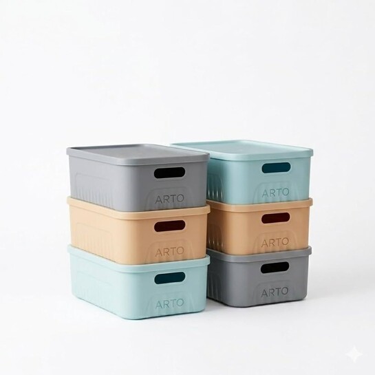 Arto Storage Bins with Lid Set of 3 - Compact Multipurpose Plastic Storage Baskets for Kitchen Bathroom Bedroom Closet | Stackable Modern Organiser with Handles (Grey, Beige, Light Blue)