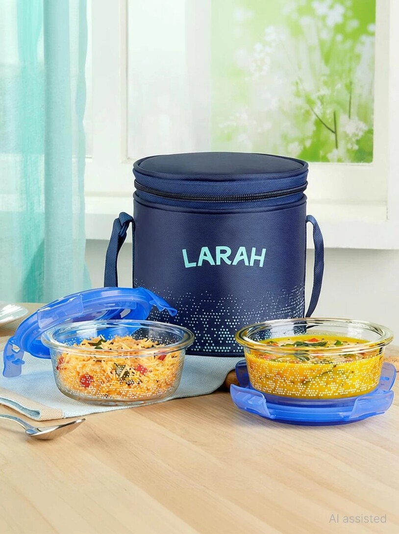 Larah by Borosil Speckle Blue Borosilicate Glass Lunchbox, 2pc Round Set (400ml x 2) Vertical 2 Containers Glass Office Lunch Box (400 ml)