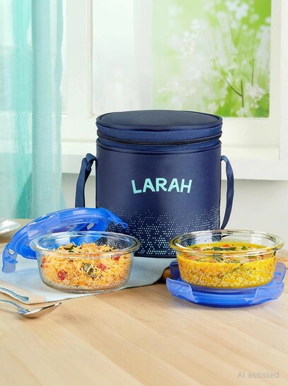 Larah by Borosil Speckle Blue Borosilicate Glass Lunchbox, 2pc Round Set (400ml x 2) Vertical 2 Containers Glass Office Lunch Box (400 ml)